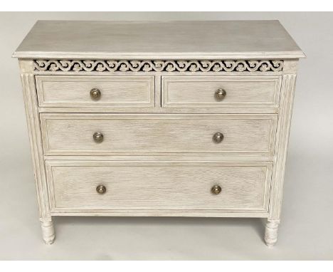 COMMODE, French style grey painted with two short and two long drawers and pierced frieze, 90cm x 36cm x 74cm H. 