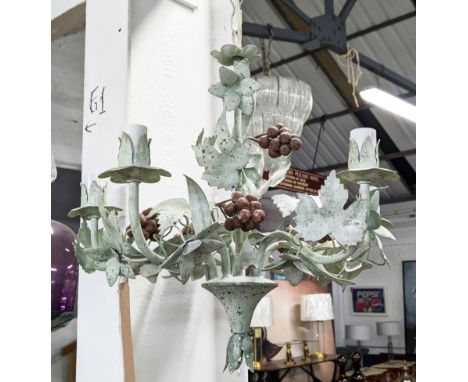 CHANDELIER, toleware style floral and foliate design, five branch, 70cm drop. 