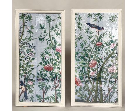 CHINOISERIE PRINTS, a pair, framed and glazed, of shrubs, birds of paradise and blossom, 162cm H x 82cm. (2) 