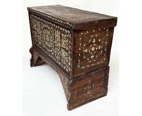 SYRIAN CHEST ON STAND, 19th century bone, mother of pearl and silver metal inlay with rising lid and stand, 163cm x 111cm H x