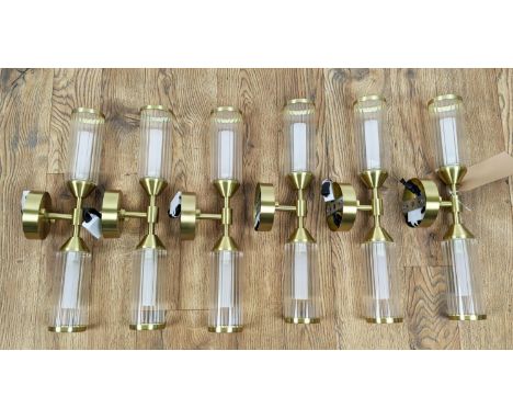 WALL LIGHTS, a set of six, gilt metal, twin branch light to each, ribbed glass shades, 41cm L each. (6) 