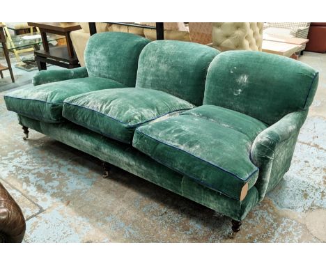 WILLIAM YEOWARD OLIVER SOFA, green velvet upholstered, blue piping detail, 240cm x 110cm x 84cm. 