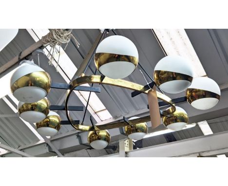 ATTRIBUTED TO STILNOVO TRIANOVO CHANDELIER, vintage  mid 20th century, 9 branch, gilt metal, glass shades, 90cm drop approx. 