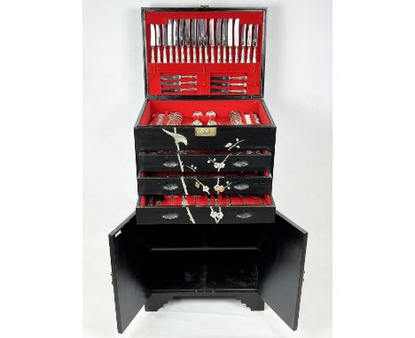 MAPPIN AND WEBB TALL CANTEEN OF CUTLERY, black chinoiserie case with rising top enclosing fitted cutlery above three drawers 