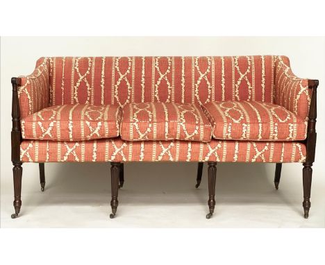 SOFA, George III mahogany with terracotta cream trellis and stripe cotton upholstery and fluted supports, 162cm W. 