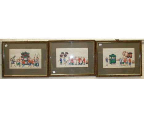 Three Chinese rice paper pictures showing figures in a procession carrying lanterns, playing musical instruments, each 19 x 3