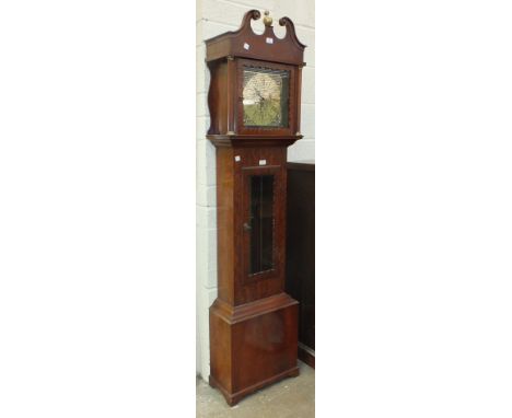 A modern mahogany chiming grandfather clock, the brassed dial marked 'E J Goodfellow, Wadebridge', 197cm high.