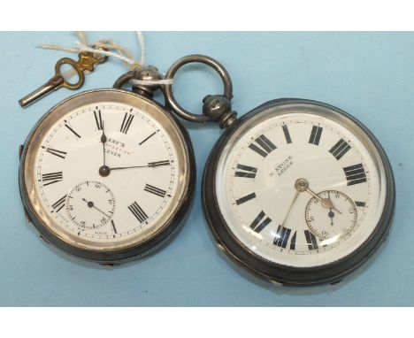 A Kays 'Perfection' Lever key-wind pocket watch with engine-turned silver case and another similar pocket watch, (both a/f), 