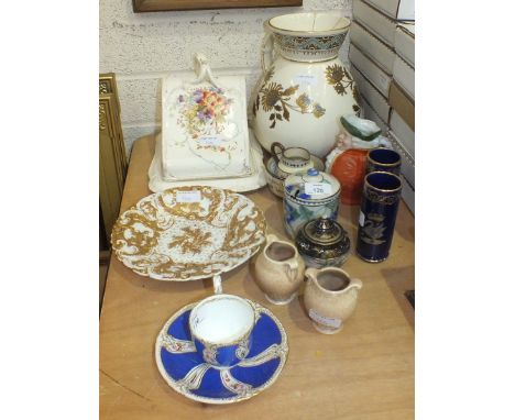 A Collard, Honiton Pottery preserve pot and cover decorated with stylised flowers, 12cm high, a late-Victorian cabinet cup an