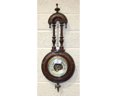 A stained-wood-framed aneroid barometer/thermometer, 56cm, a Chinese Mah Jong set in wooden brass-bound case, a walnut statio