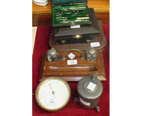An aneroid barometer with metal loop, (glass a/f), a set of drawing instruments by B J Hall & Co, other metalware and miscell