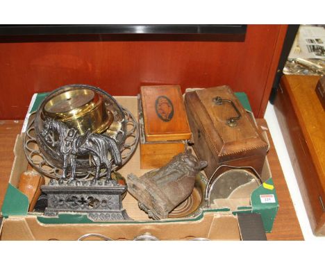 A collection of miscellaneous items to include a George III satinwood conch shell inlaid tea caddy (a/f), cast iron doorsteps