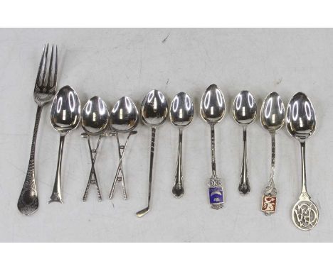 Assorted silver flatware to include teaspoons, souvenir spoon, cake fork,etc, various dates and makers, 3.8oz