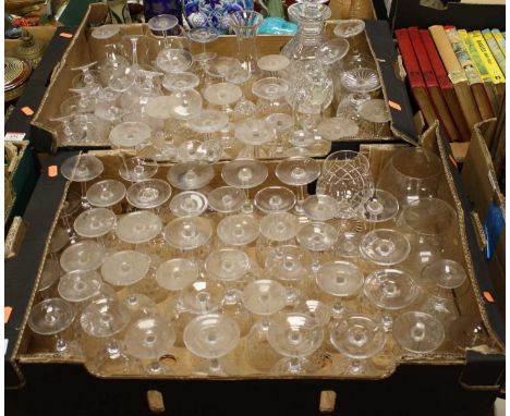 Two boxes of glassware to include a crystal decanter and various drinking glasses