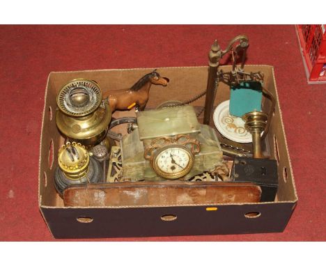 Miscellaneous items to include an onyx mantel clock, brass scales, oil lamps etc 