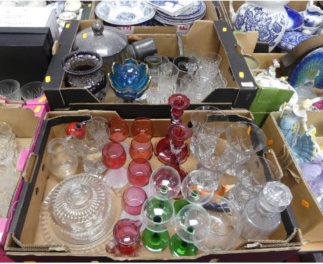 Two boxes of mainly vintage glassware, together with pewter tankards, examples to include a pair of ruby cut glass candlestic