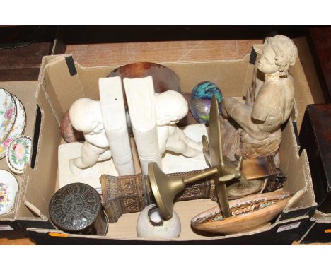 Miscellaneous items to include a terracotta figure of a boy (a/f), and an Edwardian mahogany mantel clock and an aeroplane de