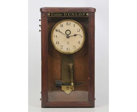 A French ATO Electrique Master clock, circa 1930, with locking pendulum and in stained beechwood glazed case, the case with p