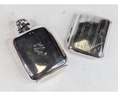 A silver pocket hip flask, height 12cm, Sheffield 1900, together with an engine turned silver pocket cigarette case, gross we