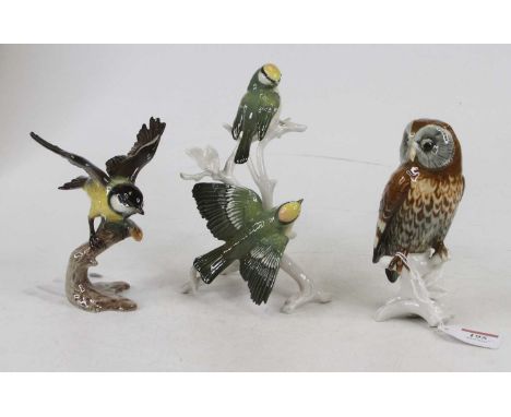 A Karl Ens porcelain figure of a tawny owl, No. 7589, h.15cm; together with a Karl Ens porcelain figure group of two birds; a