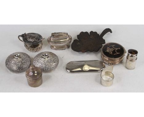 A mixed lot to include silver and tortoiseshell ring box, silver mustard with blue glass liner, silver candle holder, pair of