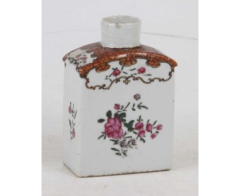 An 18th century Chinese porcelain famille rose tea caddy (lacking lid), h.12cmLacking lid, chip to shoulder.