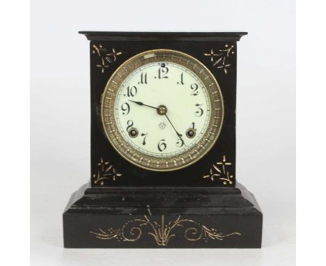 The Ansonia Clock Company of New York - a black enamelled metal cased mantel clock, having signed white enamel Arabic dial, s