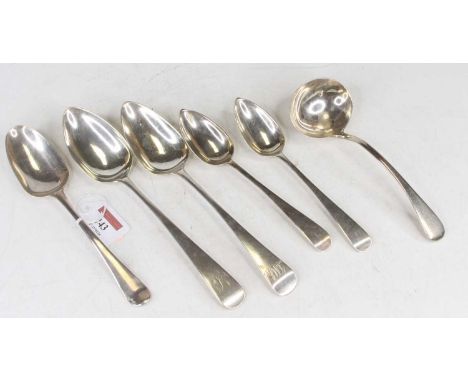 Assorted George III and later silver flatwares comprising three tablespoons, two dessert spoons and one sauce ladle, each in 