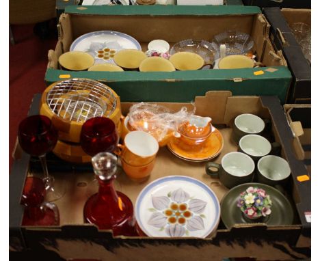 Three boxes of glassware and ceramics to include an Art Deco Myott &amp; Son fan vase, cranberry glassware and Denby