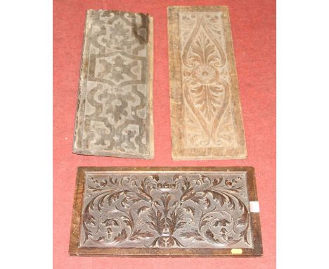 An antique carved oak architectural panel, 58 x 22cm; together with two others (3)
