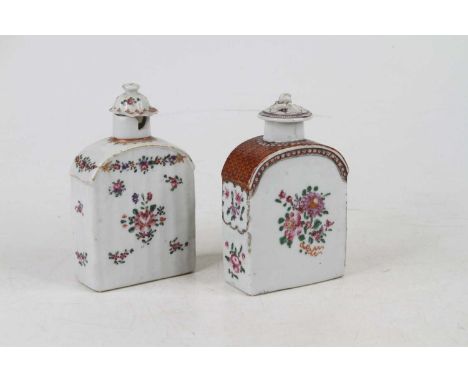 An 18th century Chinese famille rose porcelain tea caddy and cover, h.13cm; together with another (a/f)