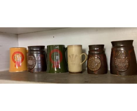 SHELF OF POTTERY MUGS, MAINLY HISTORIC VEHICLE GATHERING EVENTS, POWDERHAM CASTLE ETC