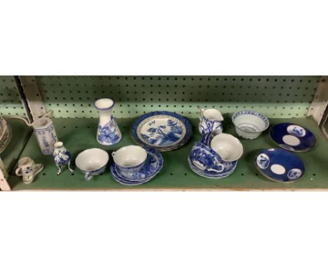 SHELF OF MAINLY BLUE &amp; WHITE BONE CHINA ETC