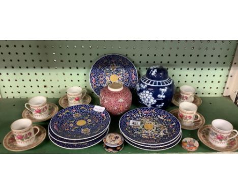 SHELF OF CHINESE CUPS, SAUCERS, PLATES &amp; GINGER JARS ETC