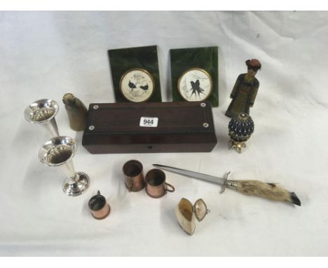 SMALL CARTON WITH SILVER PLATES CANDLESTICKS, 2 BIRD SILHOUETTE PLAQUES, ROSEWOOD TRINKET BOX &amp; OTHER BRIC-A-BRAC
