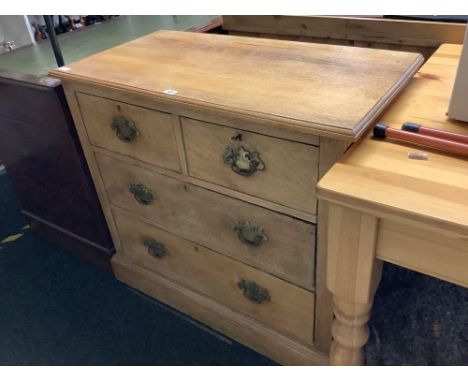 ANTIQUE LIGHT OAK CHEST OF 2 LONG &amp; 2 SHORT DRAWERS WITH BRASS DROP HANDLES, 3ft WIDE X 19" DEEP