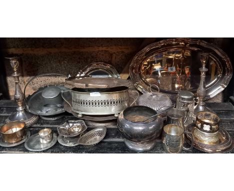 SHELF OF MISC PLATEDWARE &amp; 3 ITEMS OF PEWTER