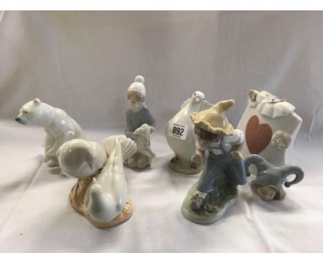 SHELF WITH LLADRO POLAR BEAR, CHILD WITH A LAMB, NAO FIGURE OF A CLOWN WITH HEAD DETACHED &amp; 2 OTHER BIRD FIGURES