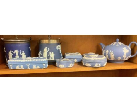 8 PIECES OF WEDGWOOD JASPER WARE INCL: 2 BISCUIT BARRELS, TEAPOT &amp; VARIOUS  TRINKET BOXES