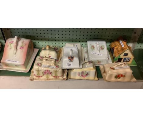 SHELF OF 9 VARIOUS VINTAGE CHEESE &amp; BUTTER DISHES WITH LIDS