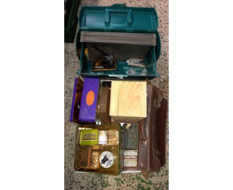 CARTON WITH VINTAGE METAL TINS, LEATHER CASE WITH FILE DIVIDERS, A GREEN PLASTIC DOCUMENT CASE WITH DIVIDERS, A VINTAGE LETTE