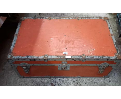 RED PAINTED WOOD &amp; METAL TRUNK