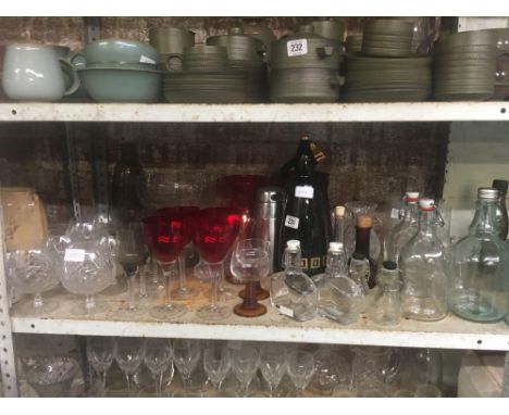 SHELF OF MIXED DRINKING GLASSES, BOWLS, STAINLESS STEEL COCKTAIL SHAKER, BOC SODA SYPHON, VARIOUS BOTTLES WITH CORONA STYLE C