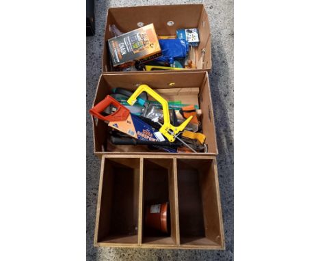 2 CARTON OF MISC HAND TOOLS, MOSTLY NEW,  SET OF RING & OPEN ENDED CHROME SPANNERS, COAT HOOKS & A BOX OF CHAIN CLEAN & LUBE 