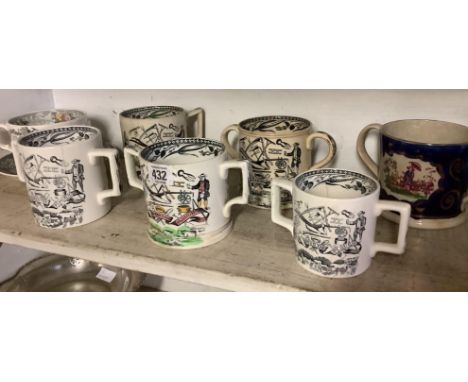 SHELF OF 2 HANDLED HARVEST MUGS ETC, SOME A/F