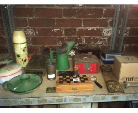 SHELF WITH MISC METAL ITEMS INCL: 1 PINT OIL CAN, VINTAGE TINS, 6 X 4.5" POLYPHON DISC &amp; A POCKET SET OF MINIATURE BOULE'