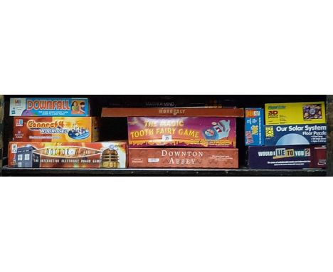 SHELF WITH ELECTRONIC BOARD GAMES, MONOPOLY, MASTER MIND, PUZZLES &amp; OTHER GAMES