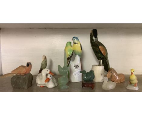 SHELF OF VARIOUS STONE CARVED &amp; CERAMIC BIRDS, INCL: 2 JADE, PLUS A SEATED HORSE