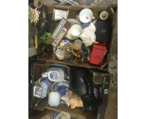 2 CARTONS OF MIXED CHINAWARE, GLASS, COSTUME JEWELLERY, PLAYING CARDS, SMALL CARRIAGE CLOCK, THERMOMETER, LARGE SEASHELLS &am
