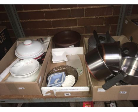 2 CARTONS OF MISC CHINAWARE BY CHURCHILL, WOODEN FRUIT BOWL &amp; CARTON OF STAINLESS STEEL SAUCEPANS WITH COPPER BASE